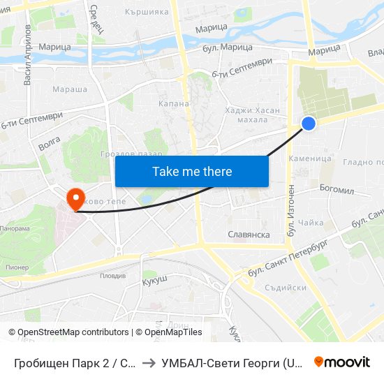 Гробищен Парк 2 / Cemetery 2 (136) to УМБАЛ-Свети Георги (UMBAL-Sveti Georgi) map