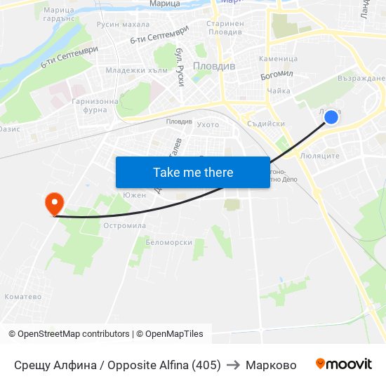 Срещу Алфина / Opposite Alfina (405) to Марково map