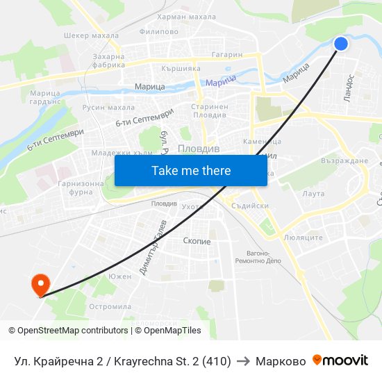 Ул. Крайречна 2 / Krayrechna St. 2 (410) to Марково map