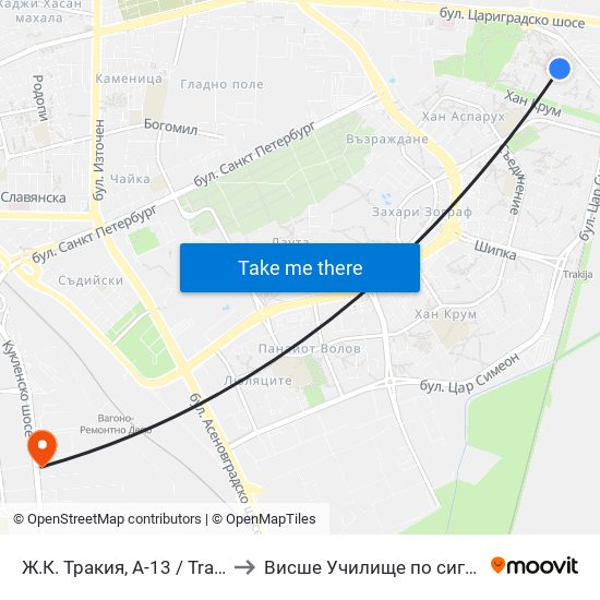 Ж.К. Тракия, А-13 / Trakiya Qr, A-13 (1009) to Висше Училище по сигурност и икономика map