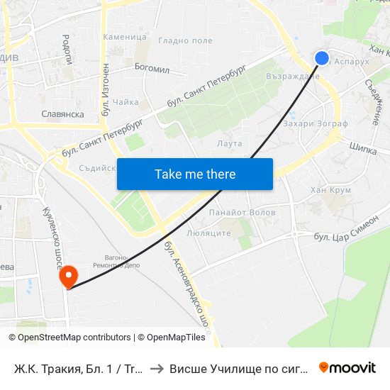 Ж.К. Тракия, Бл. 1 / Trakiya Qr, Bl. 1 (237) to Висше Училище по сигурност и икономика map