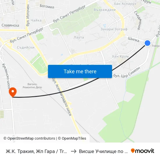 Ж.К. Тракия, Жп Гара / Trakiya Qr, Railway Station (1010) to Висше Училище по сигурност и икономика map