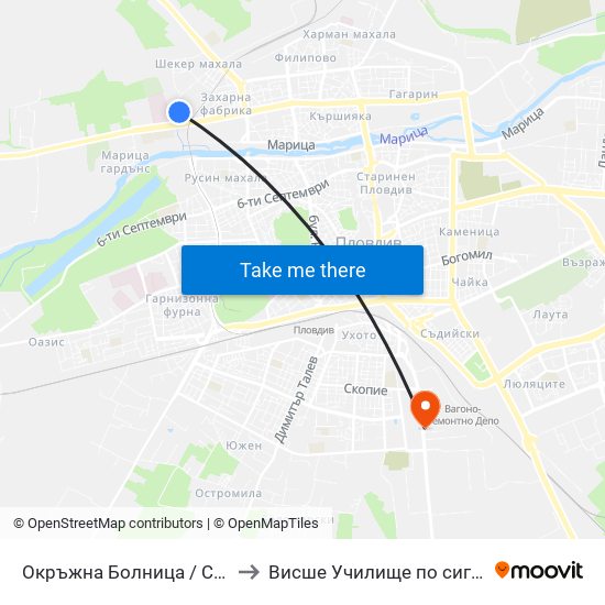 Окръжна Болница / County Hospital (271) to Висше Училище по сигурност и икономика map