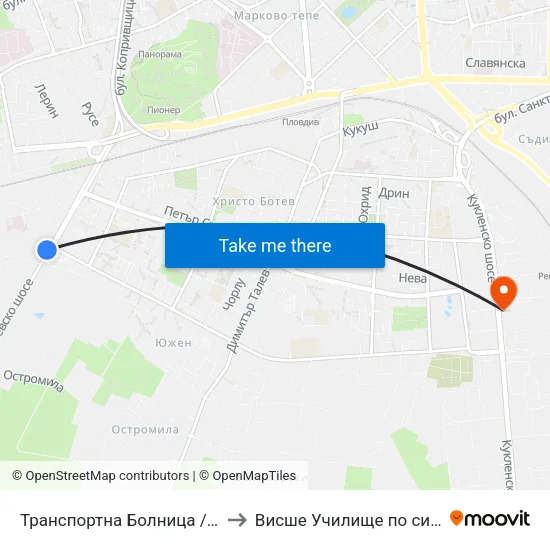 Транспортна Болница / Transport Hospital (23) to Висше Училище по сигурност и икономика map