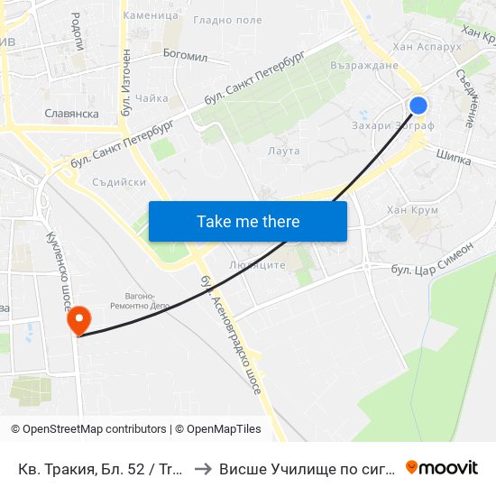 Кв. Тракия, Бл. 52 / Trakiya Qr, Bl. 52 (365) to Висше Училище по сигурност и икономика map