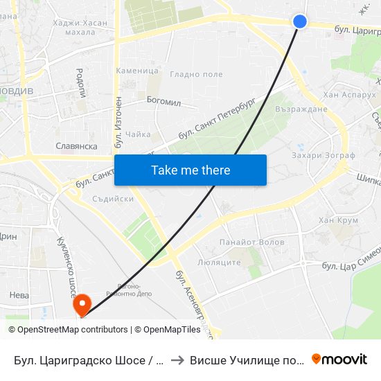 Бул. Цариградско Шосе / Tsarigradsko Shosse Blvd. (132) to Висше Училище по сигурност и икономика map