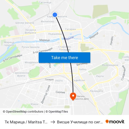 Тк Марица / Maritsa Textile Factory (1005) to Висше Училище по сигурност и икономика map