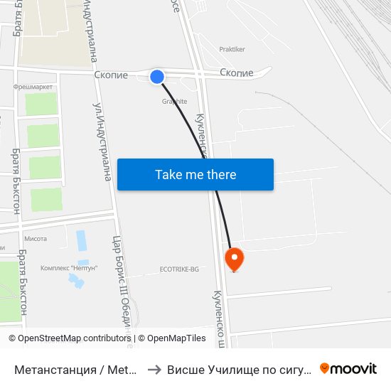Метанстанция / Methane Station (279) to Висше Училище по сигурност и икономика map