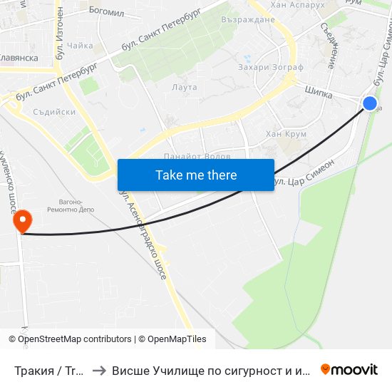 Тракия / Trakiya to Висше Училище по сигурност и икономика map