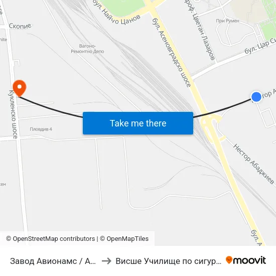 Завод Авионамс / Avionams Factory to Висше Училище по сигурност и икономика map