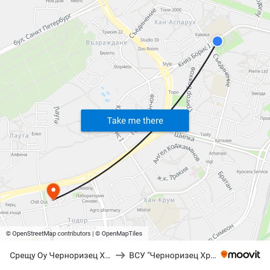 Срещу Оу Черноризец Храбър / Opposite Chernorizetz Hrabar School  (113) to ВСУ "Черноризец Храбър" - Архитектурен факултет гр.Пловдив map