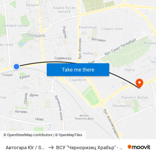 Автогара Юг / South Bus Station (187) to ВСУ "Черноризец Храбър" - Архитектурен факултет гр.Пловдив map
