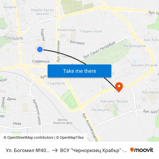 Ул. Богомил №40а / 40a Bogomil St. (231) to ВСУ "Черноризец Храбър" - Архитектурен факултет гр.Пловдив map
