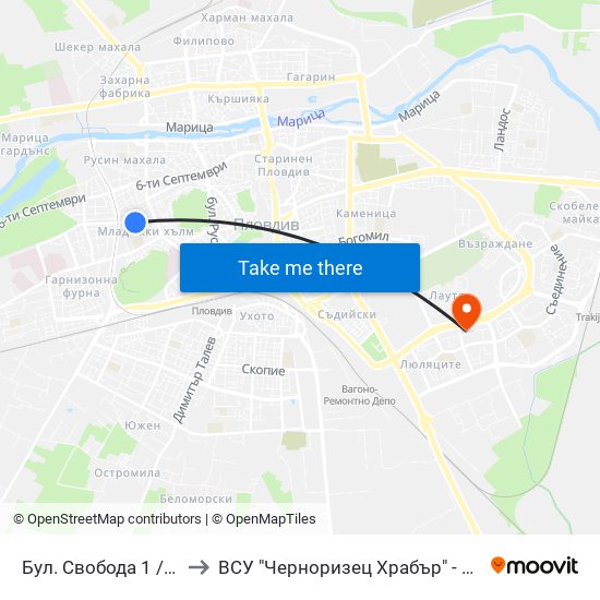 Бул. Свобода 1 / Svoboda Blvd. 1 (245) to ВСУ "Черноризец Храбър" - Архитектурен факултет гр.Пловдив map