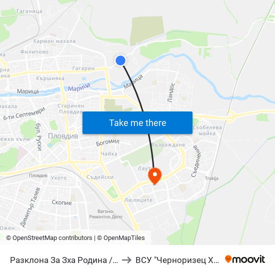 Разклона За Зха Родина / Fork Road To Rodina Paper And Packaging Factory (211) to ВСУ "Черноризец Храбър" - Архитектурен факултет гр.Пловдив map