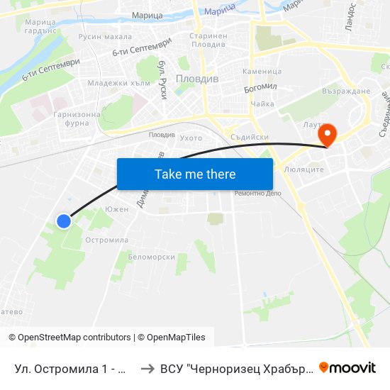 Ул. Остромила 1 - Юг / Ostromila St. 1 - South (475) to ВСУ "Черноризец Храбър" - Архитектурен факултет гр.Пловдив map