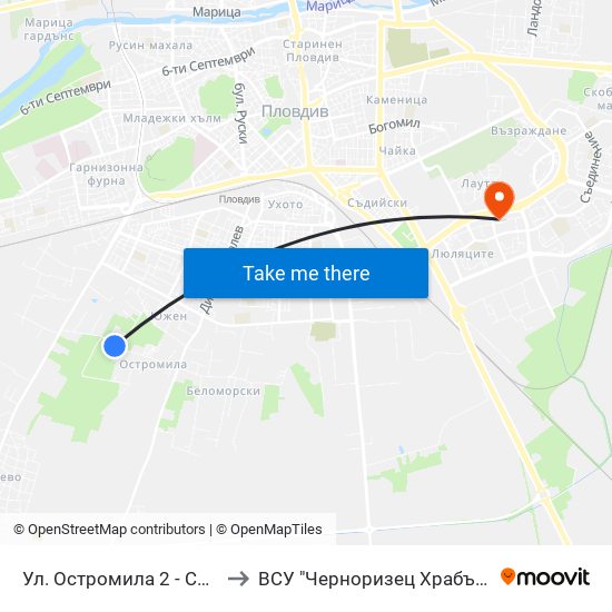Ул. Остромила 2 - Север / Ostromila St. 2 - North (479) to ВСУ "Черноризец Храбър" - Архитектурен факултет гр.Пловдив map