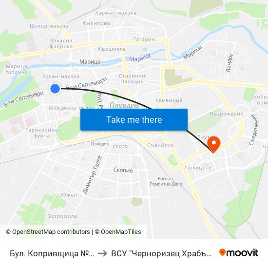 Бул. Копривщица №41 / 41 Koprivshtitsa Blvd. (144) to ВСУ "Черноризец Храбър" - Архитектурен факултет гр.Пловдив map