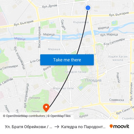 Ул. Братя Обрейкови / Bratya Obreykovi St. (50) to Катедра по Пародонтология @ФДМ Пловдив map
