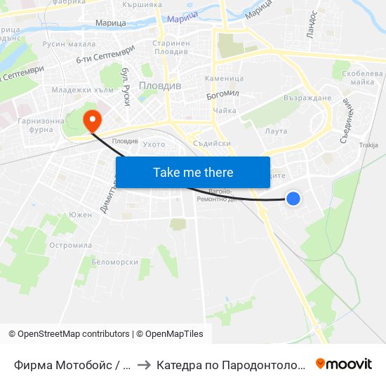 Фирма Мотобойс / Motoboys (331) to Катедра по Пародонтология @ФДМ Пловдив map