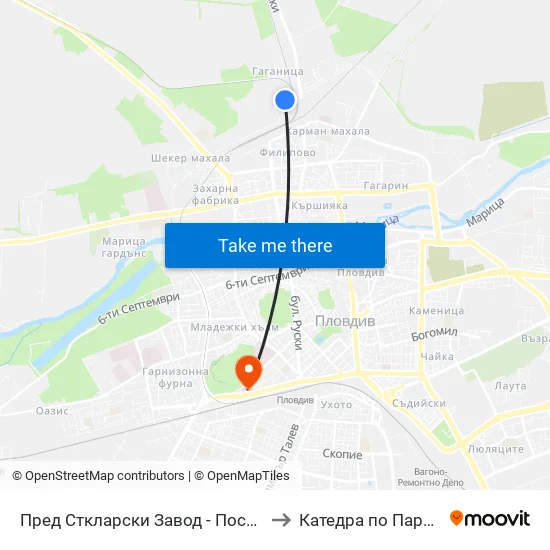 Сткларски Завод / Glass Factory (1017) to Катедра по Пародонтология @ФДМ Пловдив map