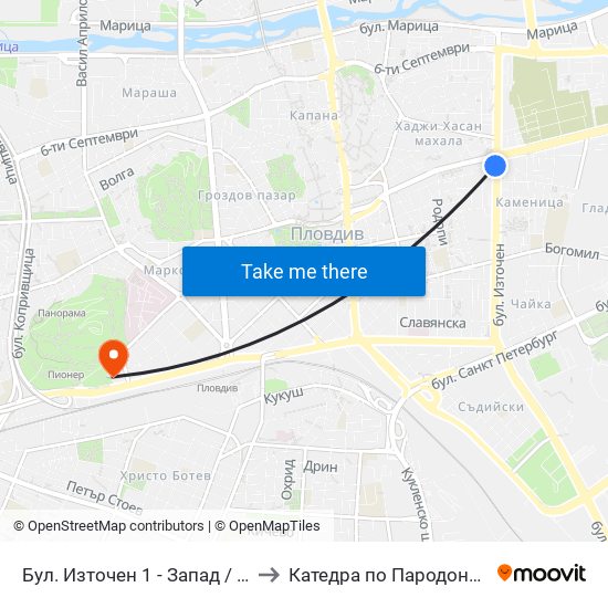 Бул. Източен 1 - Запад / Iztochen Blvd. 1 - West (251) to Катедра по Пародонтология @ФДМ Пловдив map