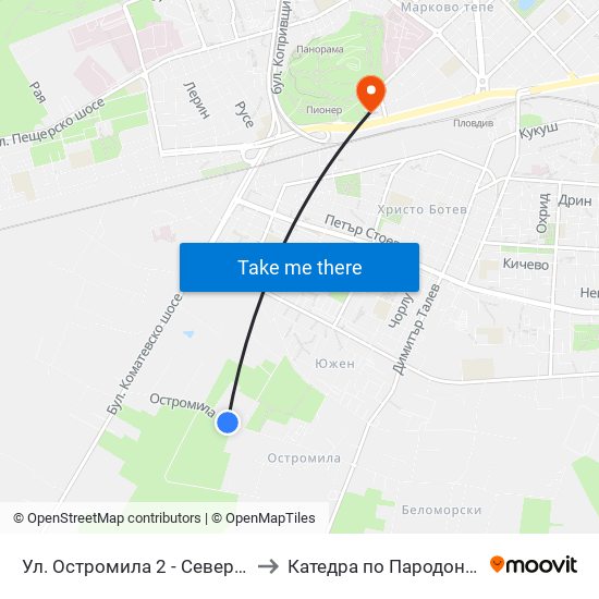 Ул. Остромила 2 - Север / Ostromila St. 2 - North (479) to Катедра по Пародонтология @ФДМ Пловдив map