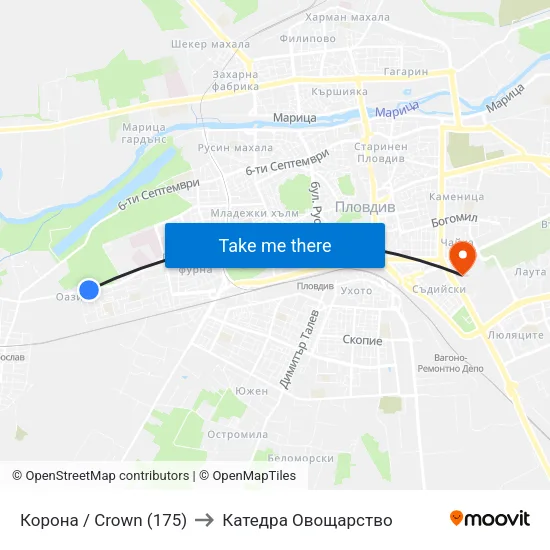 Корона / Crown (175) to Катедра Овощарство map