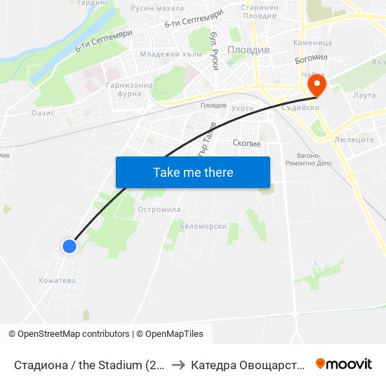 Стадиона / the Stadium (29) to Катедра Овощарство map