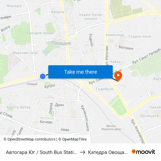 Автогара Юг / South Bus Station (206) to Катедра Овощарство map