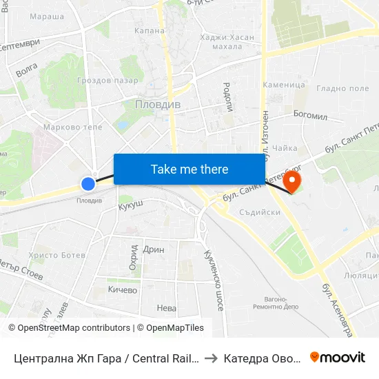 Централна Жп Гара / Central Railway Station (188) to Катедра Овощарство map