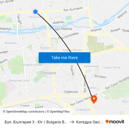 Бул. България 3 - Юг / Bulgaria Blvd 3 - North (100) to Катедра Овощарство map