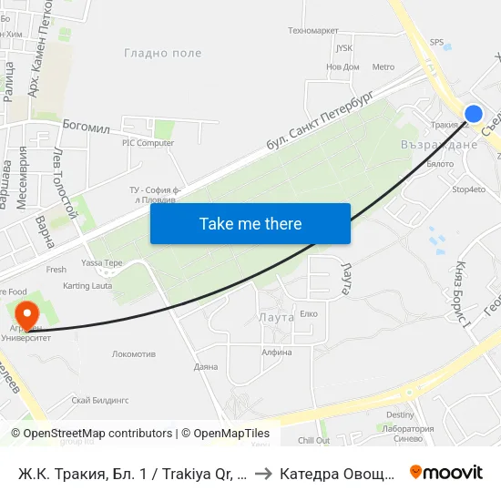Ж.К. Тракия, Бл. 1 / Trakiya Qr, Bl. 1 (216) to Катедра Овощарство map