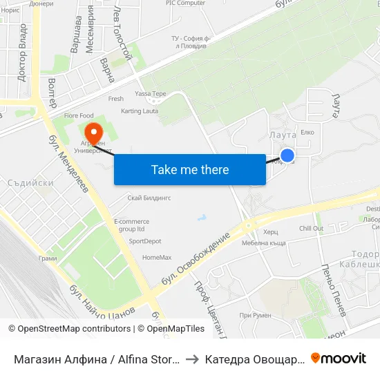 Магазин Алфина / Alfina Store (404) to Катедра Овощарство map
