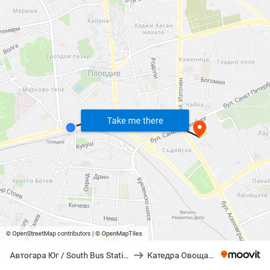 Автогара Юг / South Bus Station (187) to Катедра Овощарство map