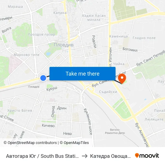 Автогара Юг / South Bus Station (187) to Катедра Овощарство map