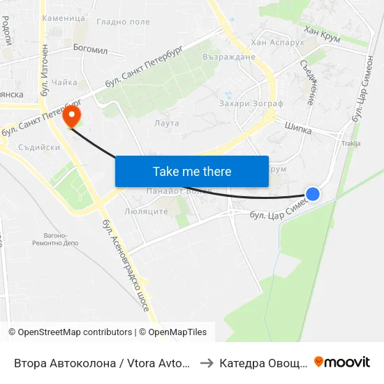 Втора Автоколона / Vtora Avtokolona (1036) to Катедра Овощарство map