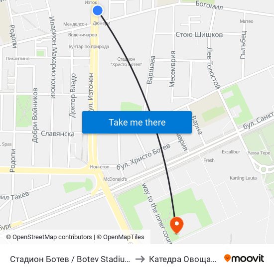 Стадион Ботев / Botev Stadium (259) to Катедра Овощарство map