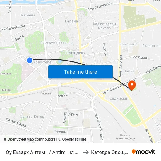 Оу Екзарх Антим I / Antim 1st School (154) to Катедра Овощарство map