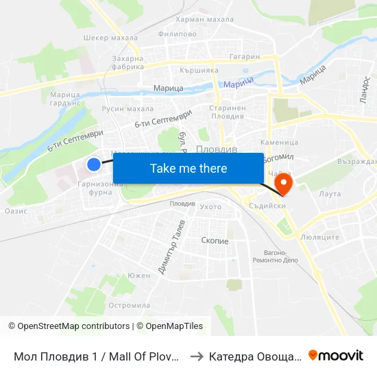 Мол Пловдив 1 / Mall Of Plovdiv 1 (315) to Катедра Овощарство map