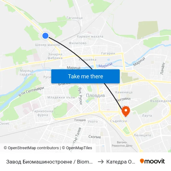 Завод Биомашиностроене / Biomashinostroene Factory (1017) to Катедра Овощарство map