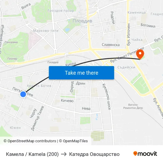 Камела / Kamela (200) to Катедра Овощарство map