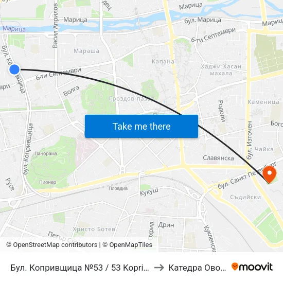 Бул. Копривщица №53 / 53 Koprivshtitsa Blvd. (387) to Катедра Овощарство map