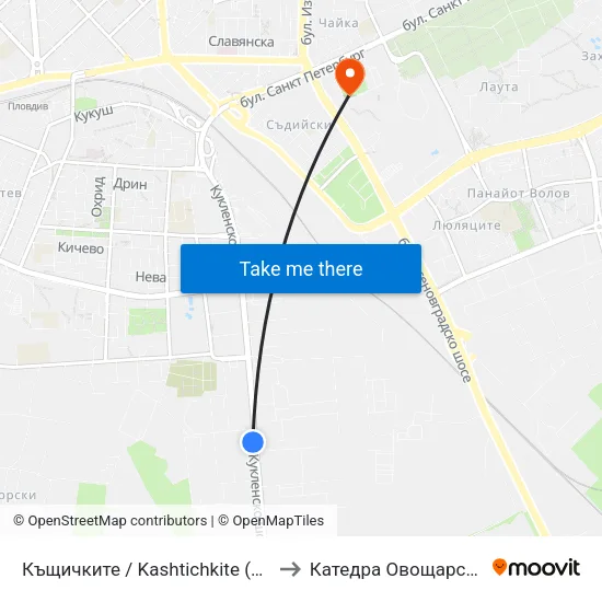 Къщичките / Kashtichkite (425) to Катедра Овощарство map
