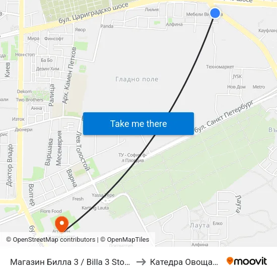 Магазин Билла 3 / Billa 3 Store (362) to Катедра Овощарство map