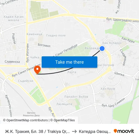 Ж.К. Тракия, Бл. 38 / Trakiya Qr, Bl. 38 (364) to Катедра Овощарство map