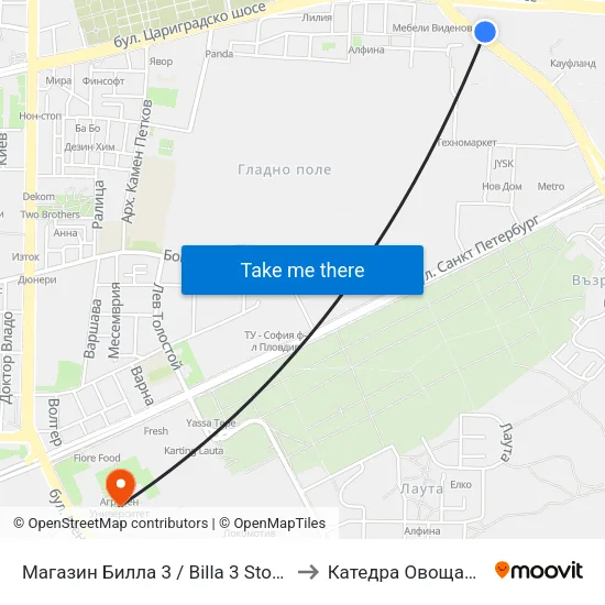 Магазин Билла 3 / Billa 3 Store (361) to Катедра Овощарство map