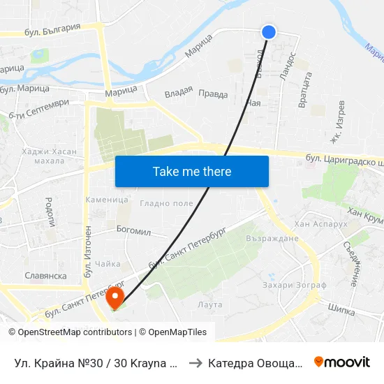 Ул. Крайна №30 / 30 Krayna St. (162) to Катедра Овощарство map