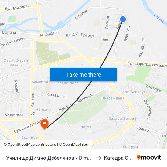 Училище Димчо Дебелянов / Dimcho Debelyanov School (163) to Катедра Овощарство map