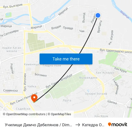 Училище Димчо Дебелянов / Dimcho Debelyanov School (160) to Катедра Овощарство map